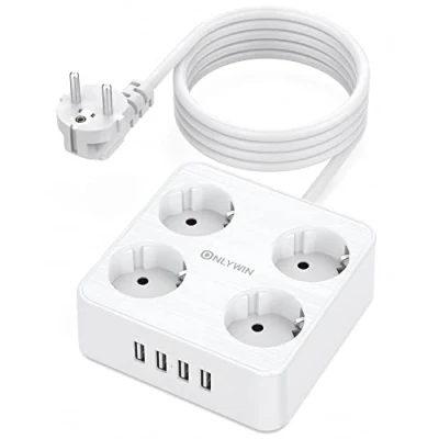 Abbildung von ONLYWIN Steckdosenleiste 4 Fach mit USB (5V/3,1A) Mehrfachsteckdose Wandmontage 10A Überlastungsschutz (2500W) Mehrfachstecker für Zuhause, Büro, Schule, Reise, 2m Kabel Weiß
