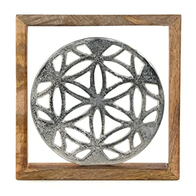 Abbildung von DESIGN DELIGHTS WANDBILD Mandala 20 cm, Metall, Mangoholz Blumen Wanddeko, Metallbild mit Holzrahmen, Lebensblume Wandobjekt