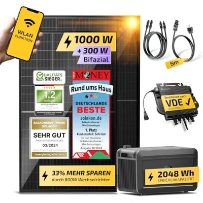 Abbildung von Solakon® 1000W Balkonkraftwerk mit Speicher 1000 Watt komplett Steckdose &amp; 800W Wechselrichter Solaranlage Komplettset 2x500W bifaziale Solarmodule 2kWh für