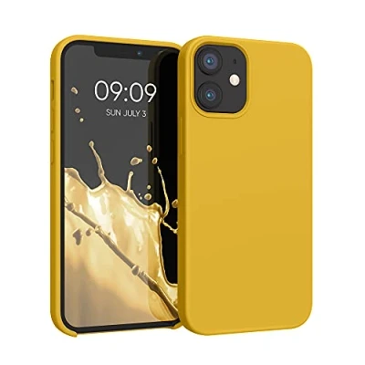 Abbildung von kwmobile Hülle kompatibel mit Apple iPhone 12 Mini Silikon Handy Case Handyhülle weiche Oberfläche kabelloses Laden Honiggelb