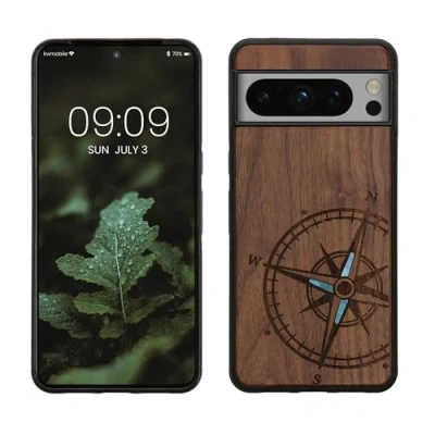Abbildung von kwmobile Hülle kompatibel mit Google Pixel 8 Pro Holz Case Handy Cover TPU Handyhülle in Dunkelbraun Vintage Kompass Perlmutt