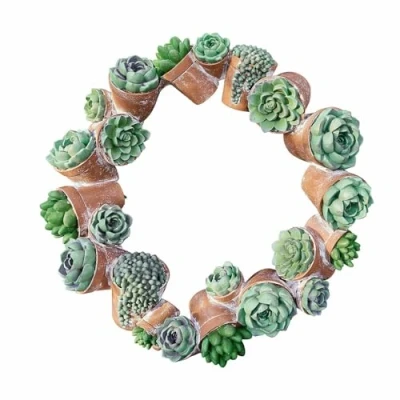 Abbildung von Loberon Kranz Junit, immergrüne Dekoration, von Hand bemalt, Sukkulenten Nachbildungen, Outdoor, Gartendeko, Türkranz, Polyresin, grün/braun