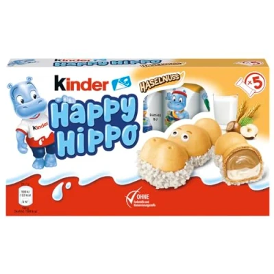 Abbildung von kinder Happy Hippo Haselnuss Knusprige Waffelspezialität mit Milch und Haselnusscreme 1 Packung je 5 Einzelriegeln à 20,7g