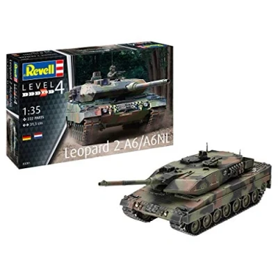 Abbildung von Revell Modellbausatz Leopard 2 A6 Authentische Nachbildung des Kampfpanzers mit detaillierten Oberflächenstrukturen Drehbarer Turm und umfangreiche Abziehbilder für realistische Darstellung