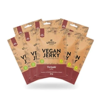 Abbildung von Grizzly Foods Vegan Jerky Teriyaki (8 x 30g) Pflanzliches Beef Veganes Trockenfleisch High Protein Snack Ideal für Unterwegs, Büro, Sport