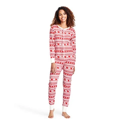 Abbildung von Hatley Kinder Fair Isle Bear &amp; Moose Family Union Suits Strampelanzug, Rot (Adult 600), Medium