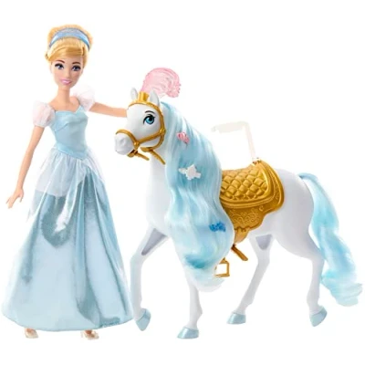 Abbildung von Disney Prinzessin Spielzeug, Cinderella Puppe mit Pferd und Styling Zubehör, inspiriert vom Film