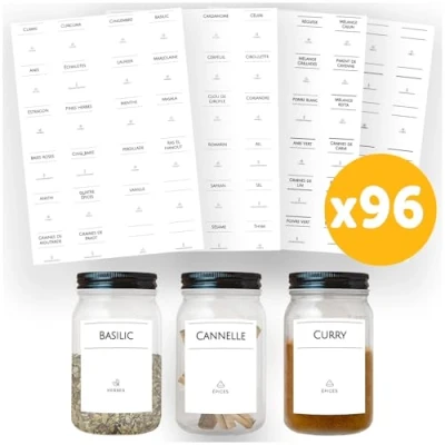 Abbildung von AVERY Packung mit 96 minimalistischen Etiketten für Gewürzgläser gebrauchsfertig rechteckiges Format 3,7 cm x 4,5