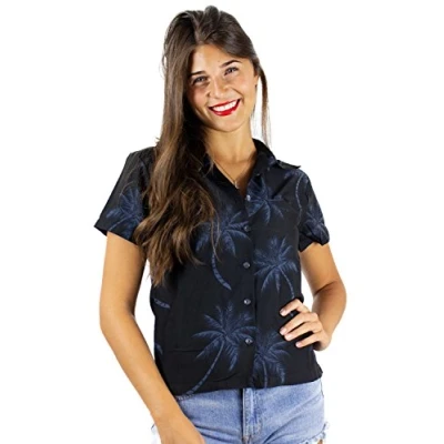 Abbildung von King Kameha Funky Hawaiibluse, Hawaiihemd, Kurzarm, Palmshadow, Schwarz, S
