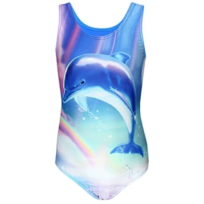 Abbildung von Aquarti Mädchen Badeanzug mit Ringerrücken Print, Farbe: Delphin/Regenbogen/Blau/Rosa, Größe: 134
