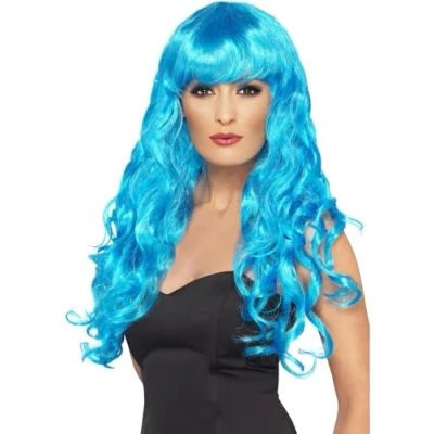 Abbildung von Smiffys Kostüm Perücke Mermaid Lockenperücke hellblau Faschingsperücke, Langhaarperücken in knalligen Farben für Meerjungfrauen &amp; Co.