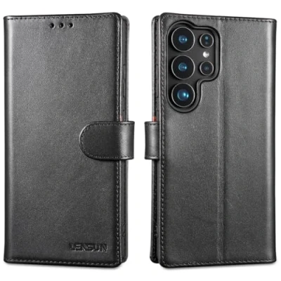 Abbildung von LENSUN Echtleder Hülle für Samsung Galaxy S25 Ultra, Handyhülle [Echtes Leder] [Kartenfach] [RFID] Lederhülle Flip Handytasche Ultra 5G Schwarz