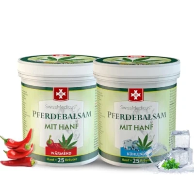 Abbildung von SwissMedicus Pferdebalsam mit Hanf kühlend und wärmend gel 25 natürlichen Extrakten ideal für Sportler 2x250 ml, Linderung von Muskelermüdung