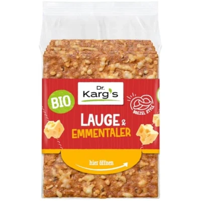 Abbildung von Dr. Karg’s BIO Knäckebrot Lauge &amp; Emmentaler dünn knusprig, vegetarisch, Brezel Style mit Käse, reich an Ballaststoffen, 100% Vollkorn natürlichen Zutaten, 14x160g