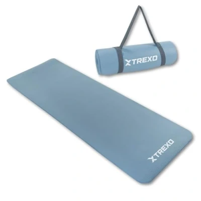 Abbildung von TREXO NBR Übungsmatte in Blau 183 x 61 cm Material von außergewöhnlicher Haltbarkeit und Flexibilität 15 mm Dicke mit rutschfester Textur Komplett Trageriemen Ideal für das Fitnesstraining