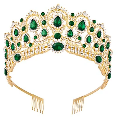 Abbildung von Vofler Tiara, Gold Crown Baroque Vintage Headband Crystal Green Rhinestone Emerald Hair Jewelry Decor for Women Bride Wedding Pageant Halloween w/Comb