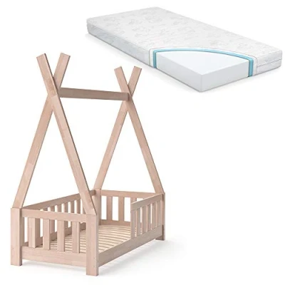Abbildung von VitaliSpa® Kinderbett Tipi, Naturholz, 70x140 cm mit Zaun und Matratze