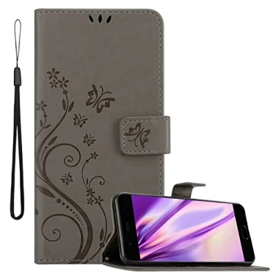 Abbildung von Cadorabo Hülle kompatibel mit Huawei P10 Plus Blumen Design aus Premium Kunst Leder Flip Klappbare Stoßfeste Magnetische [Standfunktion] [Kartenfächern] Cover für Tasche in Grau