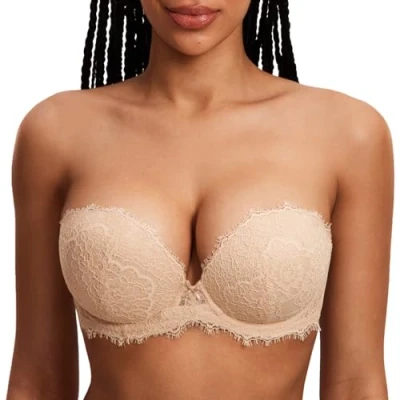 Abbildung von DOBREVA Damen Trägerloser Push Up BH Spitzen Tiefer Ausschnitt Bügel BHS Gepolsterter mit Abnehmbaren Trägern Beige 80C
