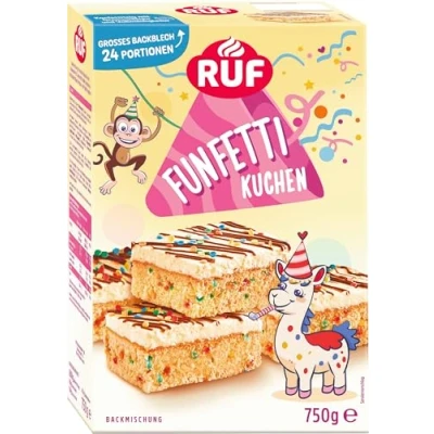 Abbildung von RUF Funfetti Blechkuchen mit bunten Konfetti Streuseln, Vanille Creme und kakaohaltiger Pflanzenfett Glasur Vollmilchpulver, 1 x 750g