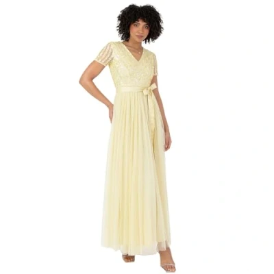 Abbildung von Maya Deluxe Damen Maxi Dress for Women Ladies Bridesmaid V Neck Ball Gown Short Sleeves Long Elegant Empire Waist Wedding Brautjungfernkleid, Zitronengelb, 38