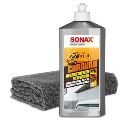 Abbildung von Wohnmobil Regenstreifen Entferner Set Sonax Caravan Regenstreifenentferner 500ml + Mikrofasertuch schleifmittelhaltiger Intensivreiniger zur Entfernung von auf Lack und GfK