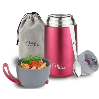 Abbildung von Milu® Thermobehälter für Essen 650ml, Edelstahl Warmhaltebehälter mit Löffel, Thermobecher Essen, Thermo Lunchbox Kinder, Erwachsene, Thermobox Suppen, Babybrei, Speisebehälter Rosa, 800ml