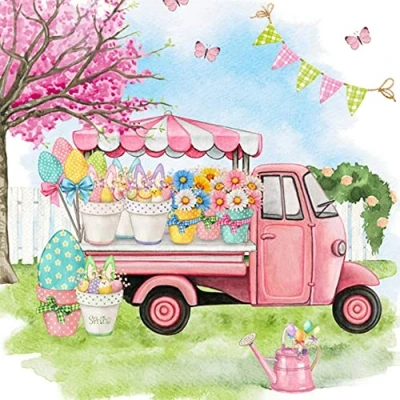 Abbildung von 20 Servietten Blumenwagen im Frühling Magnolie Blumen Ostern Tischdekoration Decoupage Serviettentechnik 33x33cm