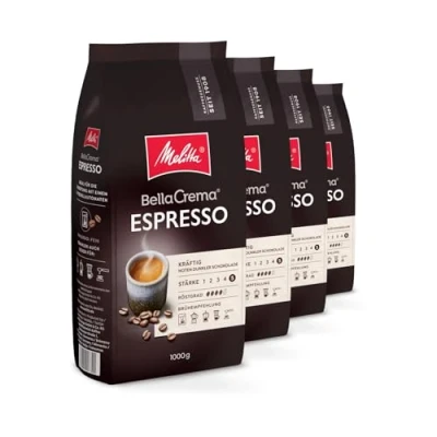 Abbildung von Melitta BellaCrema Espresso Ganze Kaffee Bohnen 4 x 1kg, ungemahlen, Kaffeebohnen für Vollautomat, kräftige Röstung, geröstet in Deutschland, Stärke 5, im Tray
