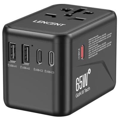 Abbildung von LENCENT Universeller Reiseadapter, GaN III 65W Internationales Ladegerät mit 2 USB A&amp;3 Typ C PD Schnellladung, Weltweiter Reisestecker Adapter für A/C/G/I (USA/UK/EU/AUS) Steckdosen, Weiß
