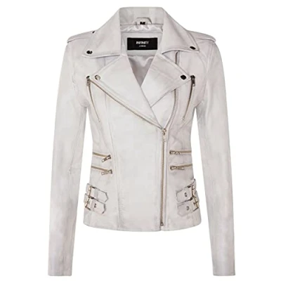 Abbildung von Infinity Leather Damen Retro Weiß 100% Nappaleder Bikerjacke 5XL