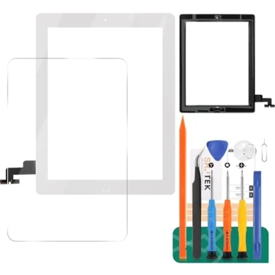 Abbildung von SRJTEK Bildschirm Ersatz für iPad 2 A1395 A1396 A1397 Touchscreen Digitizer Glas Montagesets (kein LCD Bildschirm), Home Taste + Kamerahalterung vorinstallierter Kleber mittlere Rahmenblende (weiß)