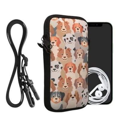 Abbildung von kwmobile Handytasche für Smartphones XL 6,7/6,8&quot; Neopren Handy Hülle Weiß Hellbraun Grau Tasche mit Kette 17,2 x 8,4 cm Innenmaße Viele Hunde