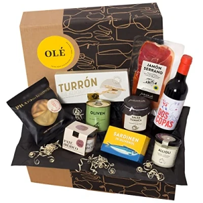 Abbildung von jamon.de Geschenkbox Olé gefüllt mit spanischen Delikatessen I Präsent hochwertigem Serrano Schinken, ausgesuchten Tapas Klassikern &amp; Rotwein aus Spanien