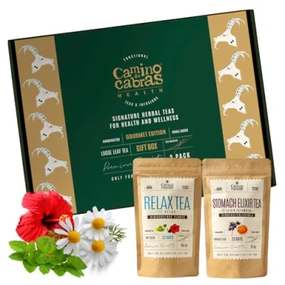 Abbildung von Tee Geschenkset Entspannungstee + Magen Darm Beruhigungstee Kamille, Ingwer, Hypericum, Fenchel, Anis, Kümmel, Pfefferminze Kräutertee Lose Abend GeschenkBox 100% Natürlich 2x 100g