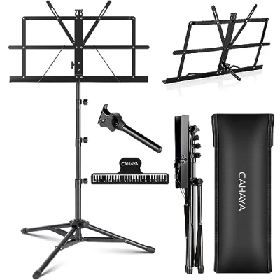 Abbildung von CAHAYA CY0204 Notenständer, Metall, tragbar, mit Tragetasche, Notenordner, 170 cm, erhöht, Schwarz