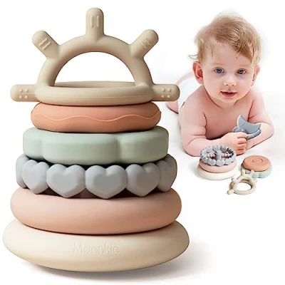 Abbildung von Moonkie Stapelturm für Stapelspiel, Baby Stapelspielzeug mit Ringen, Beißspielzeug Pädagogisches Lernen Stapelring Spielzeug Babys, 7 teiliges Set