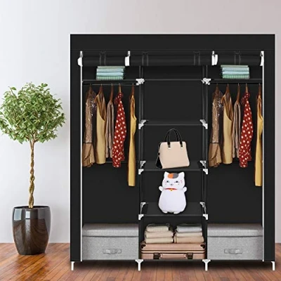 Abbildung von Oshion Kleiderschrank Faltschrank Stoffschrank Faltbare Garderobe Canvas mit Reißverschluss Kleiderstange, Fächern (150 x 45 175 cm schwarz 1)