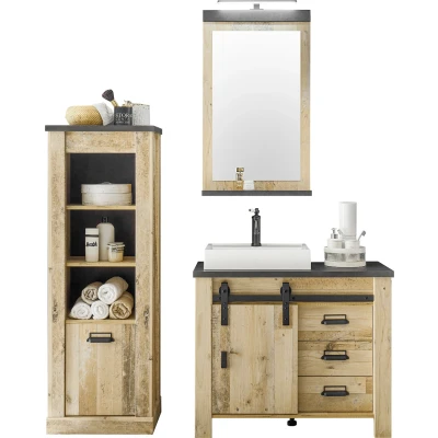Abbildung von Home affaire Badmöbel Set &quot;SHERWOOD&quot;, (3 St.), in Holz Dekor, mit Scheunentorbeschlag und Apothekergriffe aus Metall