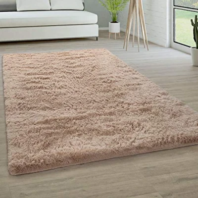 Abbildung von Paco Home Hochflor Teppich Wohnzimmer rutschfest Fellteppich Shaggy Flauschig Weich Modern Kunstfell Fell Imitat Einfarbig, Grösse:200x290 cm, Farbe:Beige