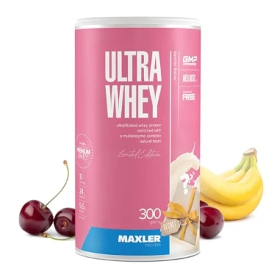 Abbildung von Maxler Ultra Whey Protein 24 g pro Portion Reines Pulver Molkenprotein Konzentrat, Isolat, Hydrolysat Mit BCAA Kirsch Banane 300g