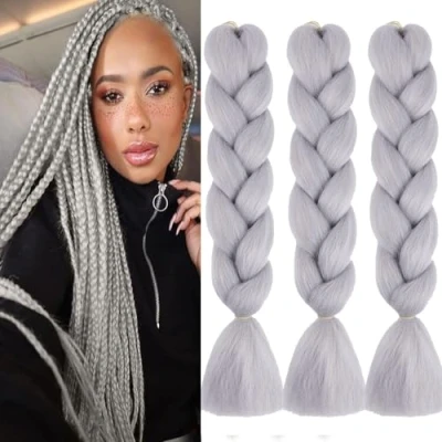 Abbildung von Braids Extensions,3pack Kanekalon Haar Jumbo Braid Extension 24&quot;, Ombre Braiding Hair Kunsthaar Zum Einflechten Für Crochet Twist Flechten A39 Grau