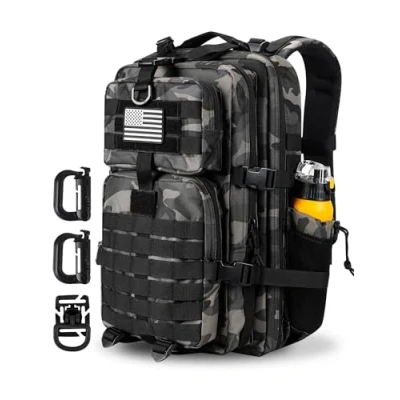 Abbildung von Hannibal Tactical MOLLE Sturmrucksack, taktischer Militär Rucksack, für Armee, Camping, mit Flaschenhalter, 45 L/28 L, Schwarz Camouflage, 45L