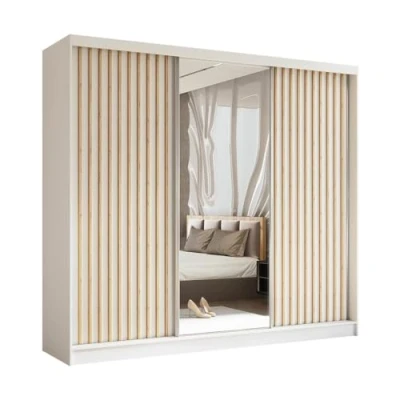 Abbildung von BEAUTY SOFA Helix Schrank mit Spiegel Kleiderschrank Schiebetüren und Lamellen Garderobenschrank, Mehrzweckschrank, Flurschrank 240cm breit Weiß &amp; Lamellenfarbe Artisan