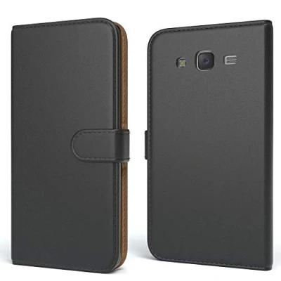 Abbildung von EAZY CASE Tasche kompatibel mit Samsung Galaxy J5 (2015) Schutzhülle Standfunktion Klapphülle Bookstyle, Handytasche Handyhülle Magnetverschluss und Kartenfach, Kunstleder, Schwarz