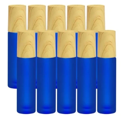 Abbildung von Enenes Ätherische Öle Roller Flaschen 10 Stück 10ml Anti UV Schwarzglasflaschen mit Holzdeckel &amp; Edelstahl Ball Öle(Dunkelblau)