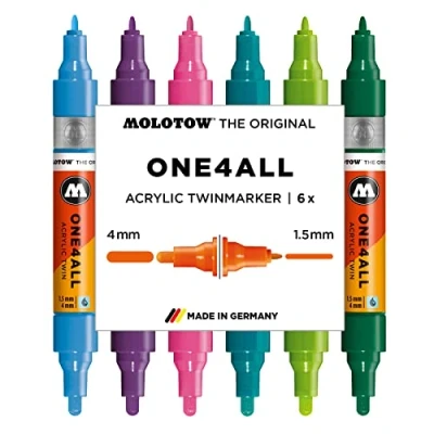 Abbildung von Molotow One4All Acrylic Twin Marker Basic Set 2 (Strichstärke 1,5 mm und 4,0 mm, hochdeckend permanent, UV beständig, für fast alle Untergründe) 6 Stück sortiert