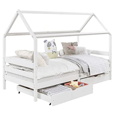 Abbildung von IDIMEX Kinderbett CLIA, Hausbett Montessoribett Schubladen 90 x 200 Kiefer weiß