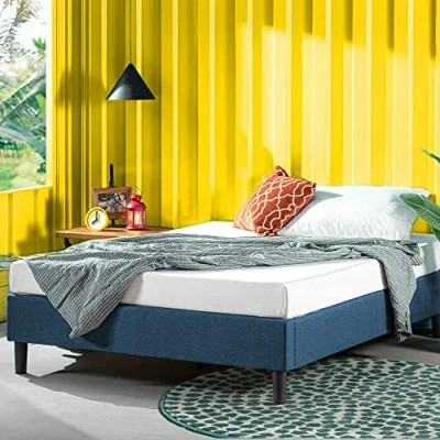 Abbildung von Zinus Curtis Essential Upholstered Platform Bed Frame, Metall/Wood/Fabric, Marineblau, 135 x 190 cm