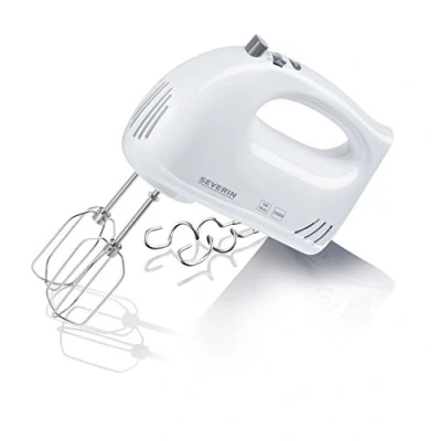 Abbildung von SEVERIN Handmixer, Handrührgerät mit 5 Geschwindigkeitsstufen, praktischer Handrührer 2 Edelstahl Rührbesen und Knethaken, weiß, HM 3820